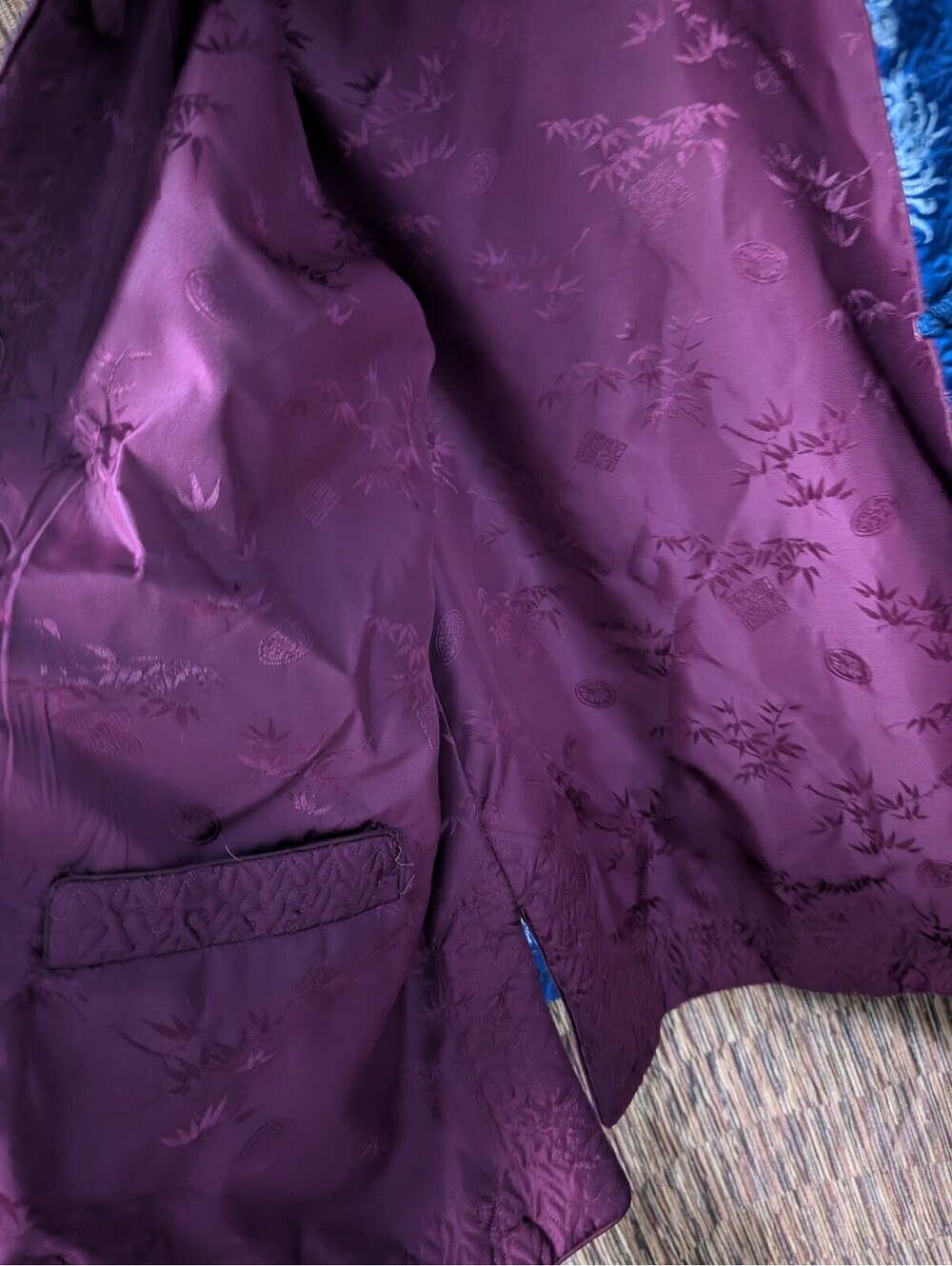 Vintage Blue Satin Floral Embroidered Jacket with Maroon Lining - Picture 4 of 10